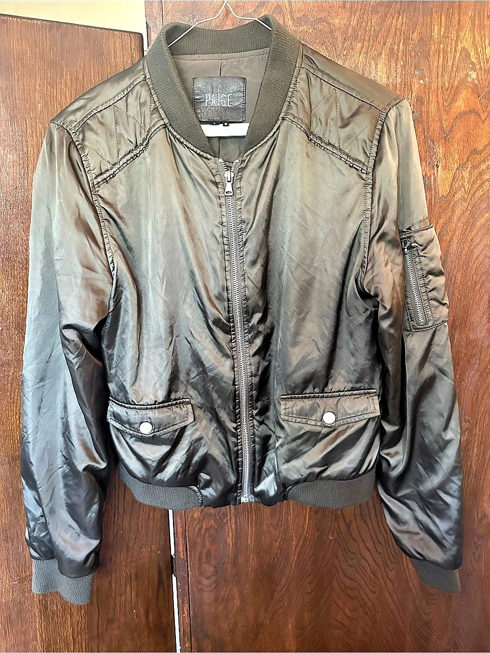 PAIGE Designer Satin Bomber Jacket in Olive Green Small City of Angels Embroider